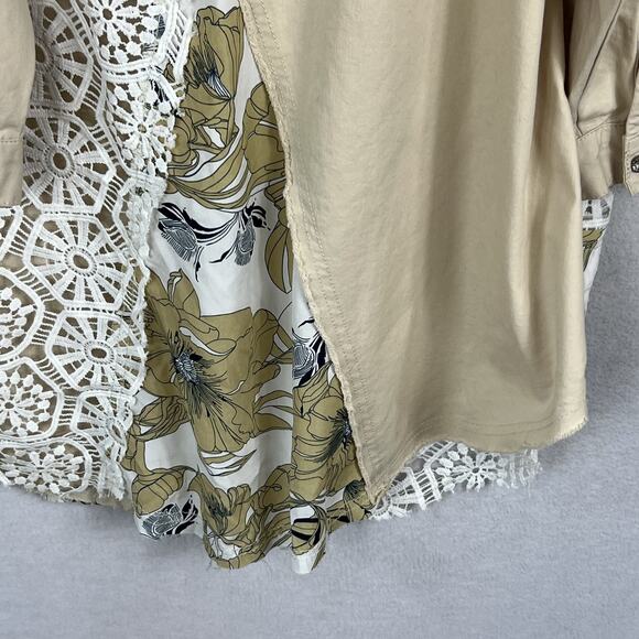 POL Overcoat Jacket Women's L Button Up Collage Lace Floral Beige Distressed - Picture 6 of 10